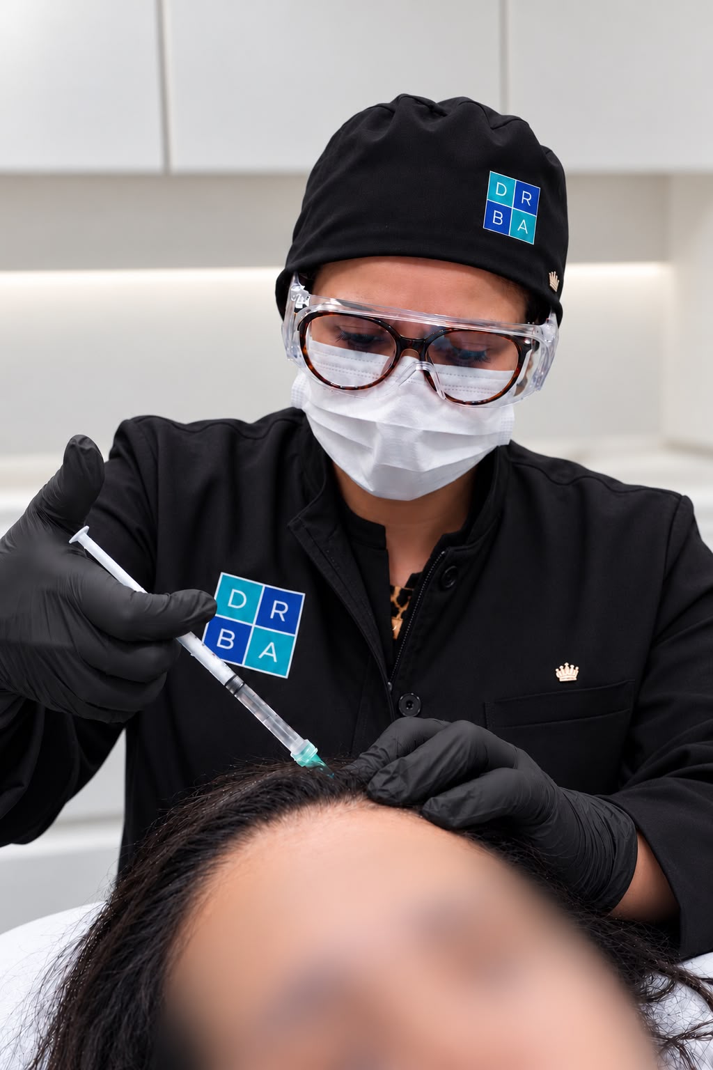 Dra. Rebeca realiza um procedimento capilar injetável com seringa, luvas e proteção facial