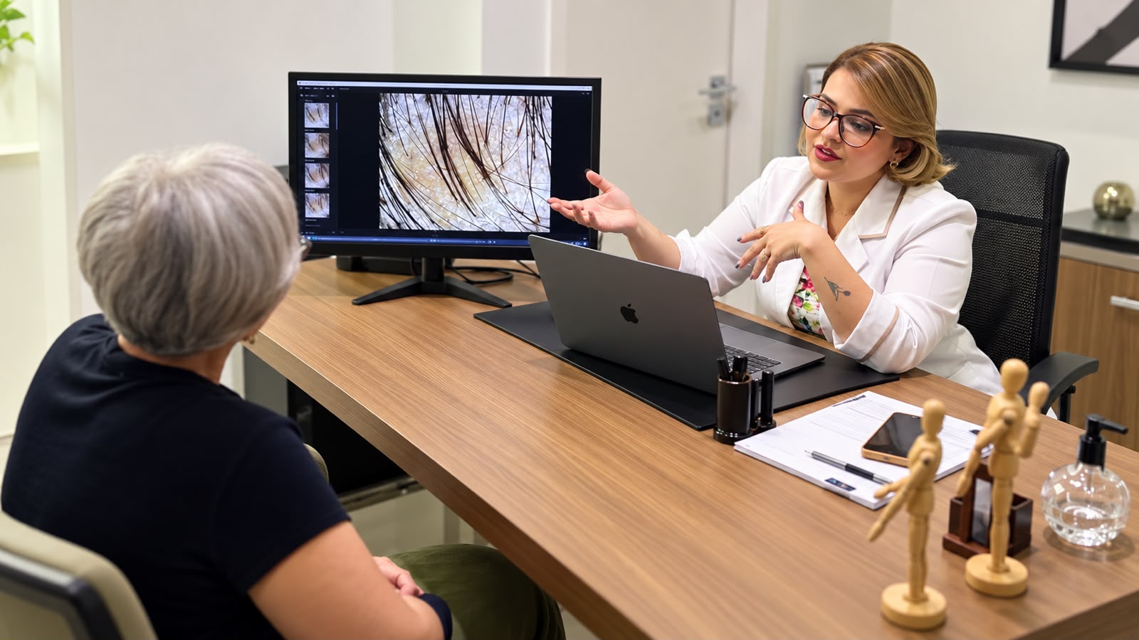 Dra. Rebeca explica as imagens da tricoscopia à paciente durante a consulta médica